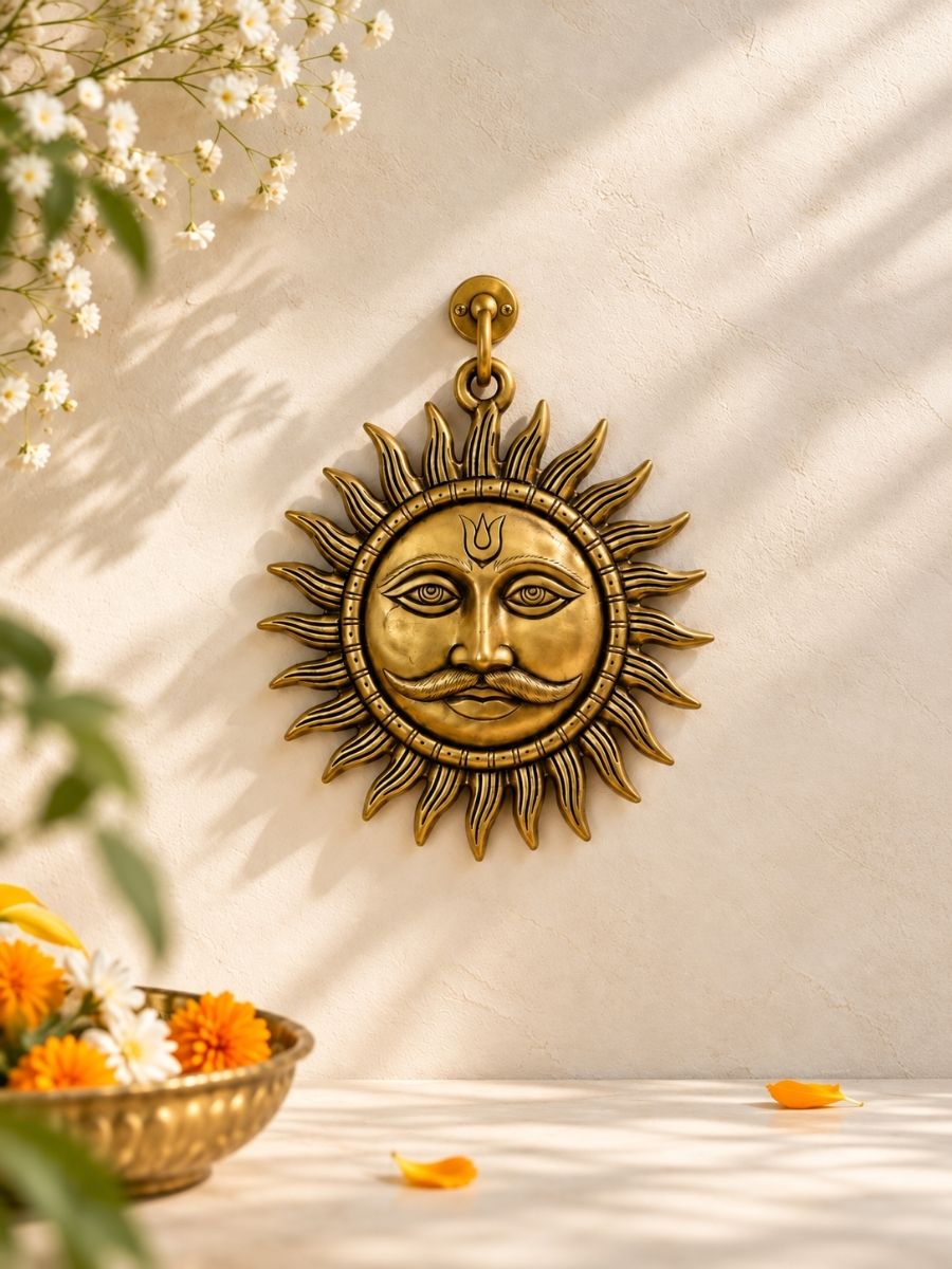 Brass Sun Face Wall Hanging — Large Radiant Sun Wall Decor for Home & Entrance