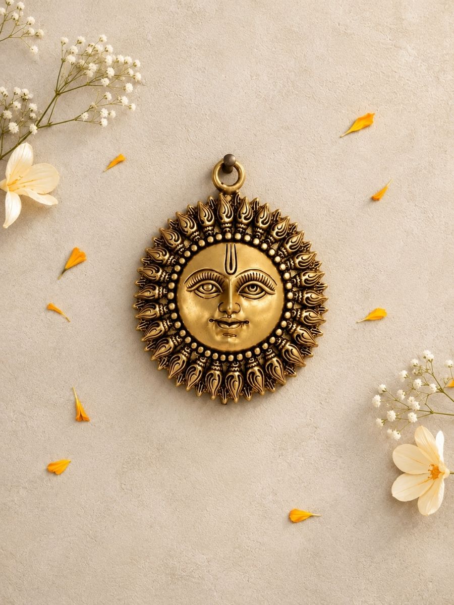 Brass Surya Dev Wall Hanging — Sun God Wall Decor for Pooja Room & East Wall