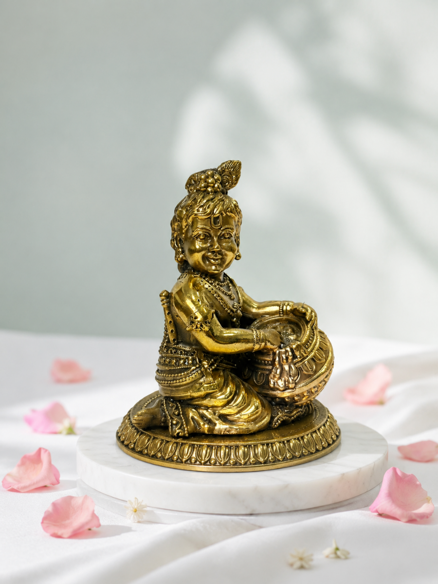 Antique Brass Kanha Ji Idol for Home Temple & Decor