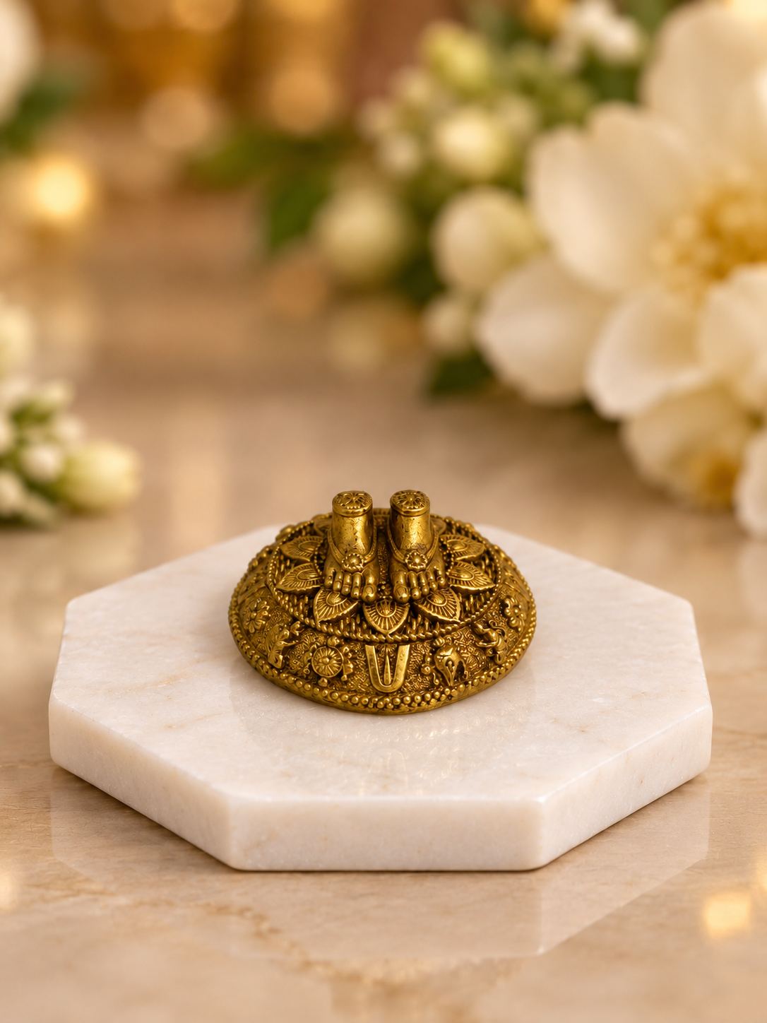 Brass Laxmi Ganesh Lotus Pooja Set — Idols, Panch Aarti Diya & Charan Paduka