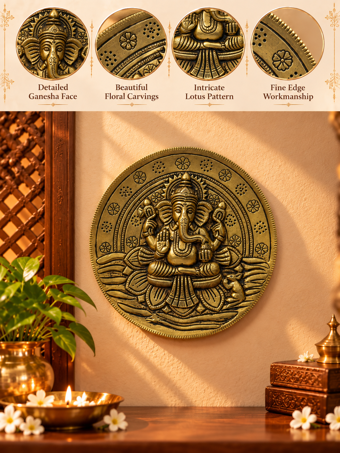 Brass Ganesh Round Wall Plate — Handcrafted Ganesha Wall Hanging for Home & Entrance