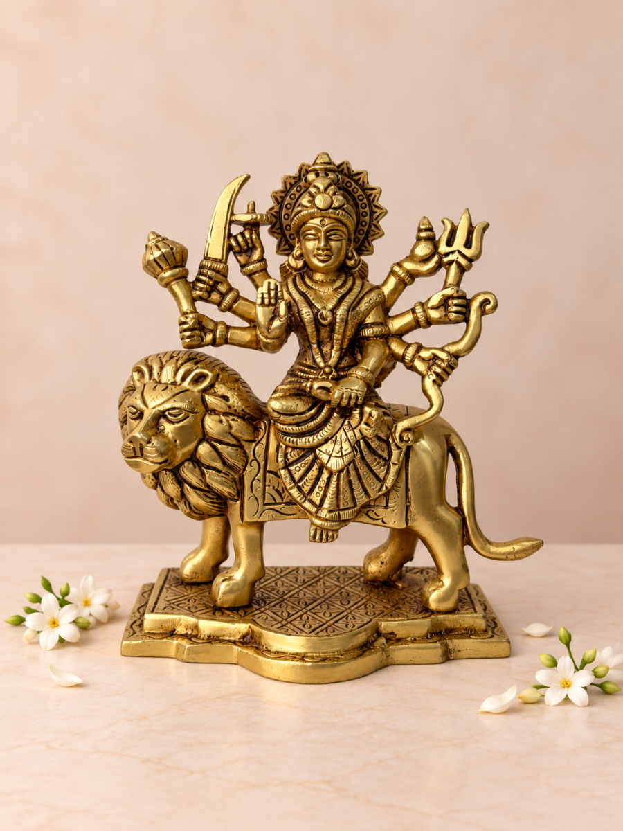 Brass Maa Durga Idol on Lion — Goddess of Strength & Protection for Home & Pooja