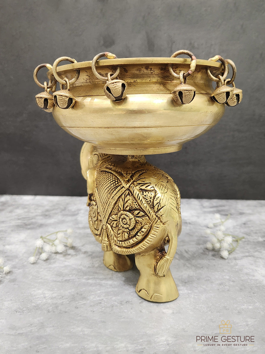 Brass Urli on Elephant Statue