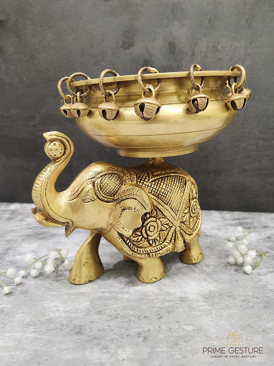 Brass Urli on Elephant Statue
