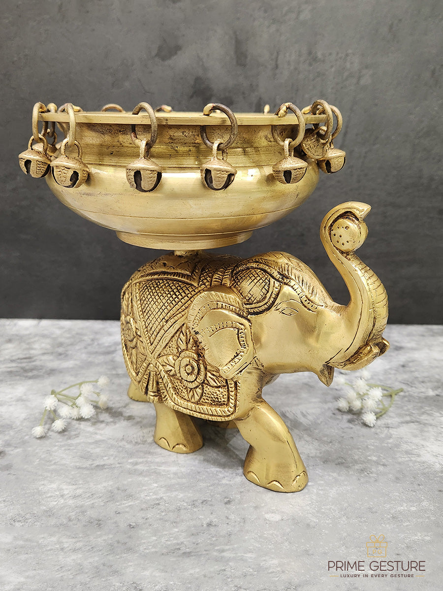 Brass Urli on Elephant Statue