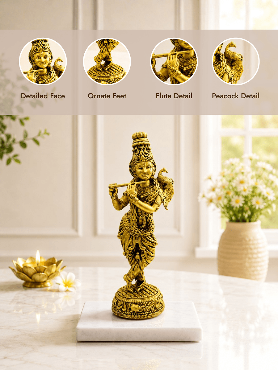 Krishna Flute Antique Gold Finish Idol with Peacock