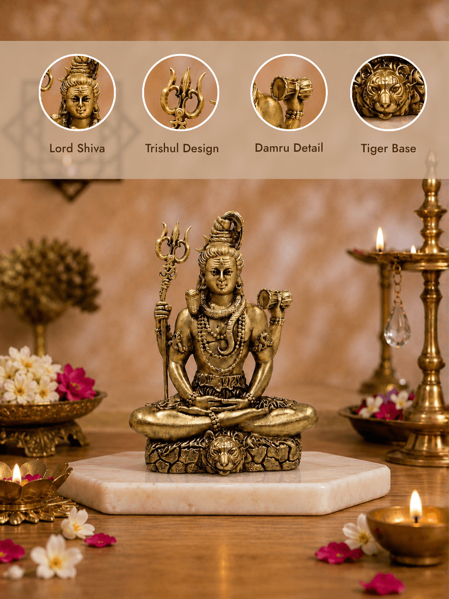 Lord Shiva Antique Gold Finish Idol with Trishul and Damru
