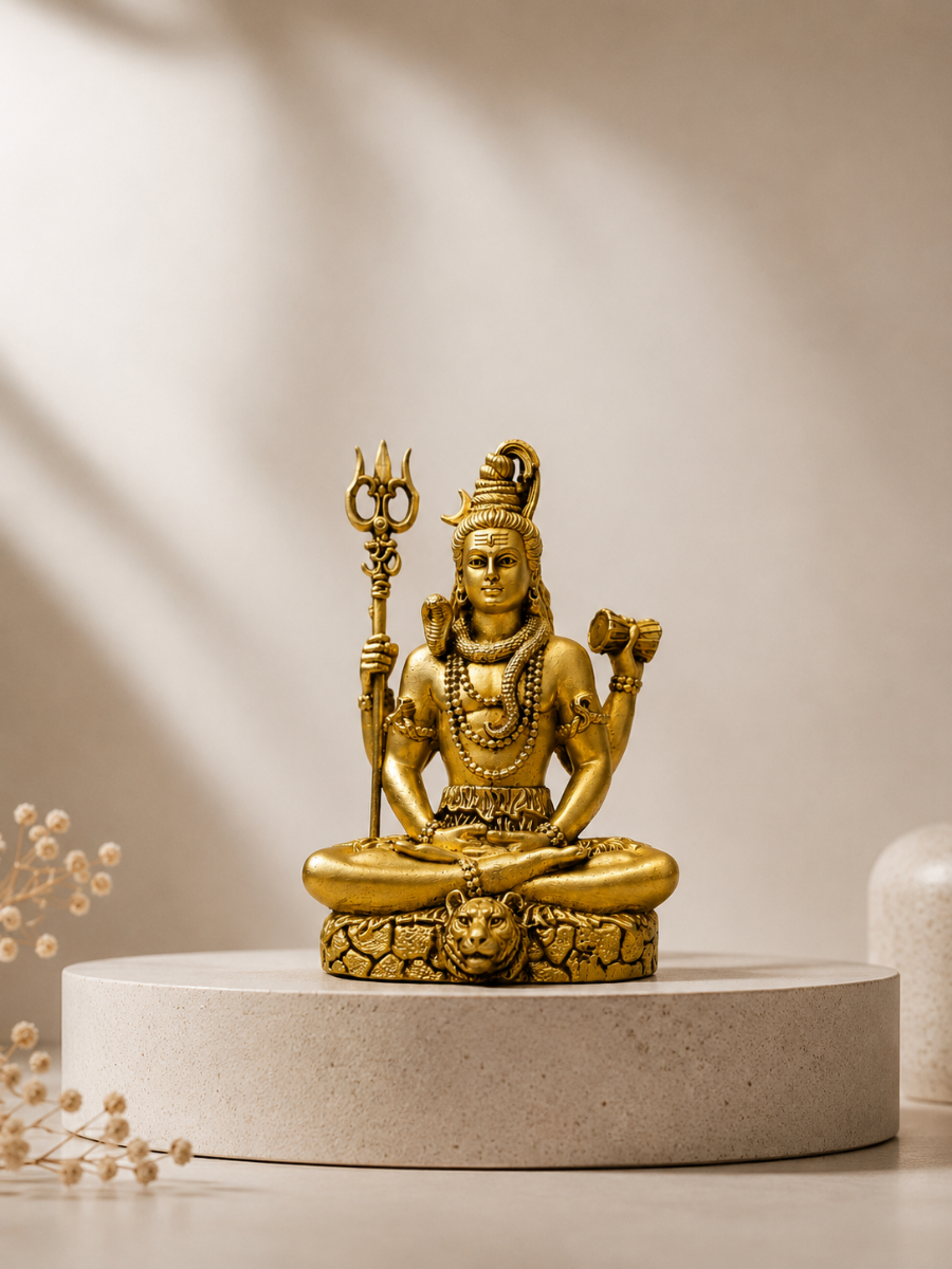 Lord Shiva Antique Gold Finish Idol with Trishul and Damru for Home Temple