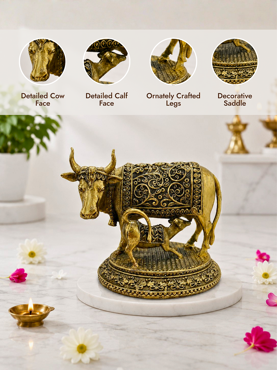 Pure Brass Kamadhenu Cow with Calf Idol for Home Temple, Office & Vastu Decor