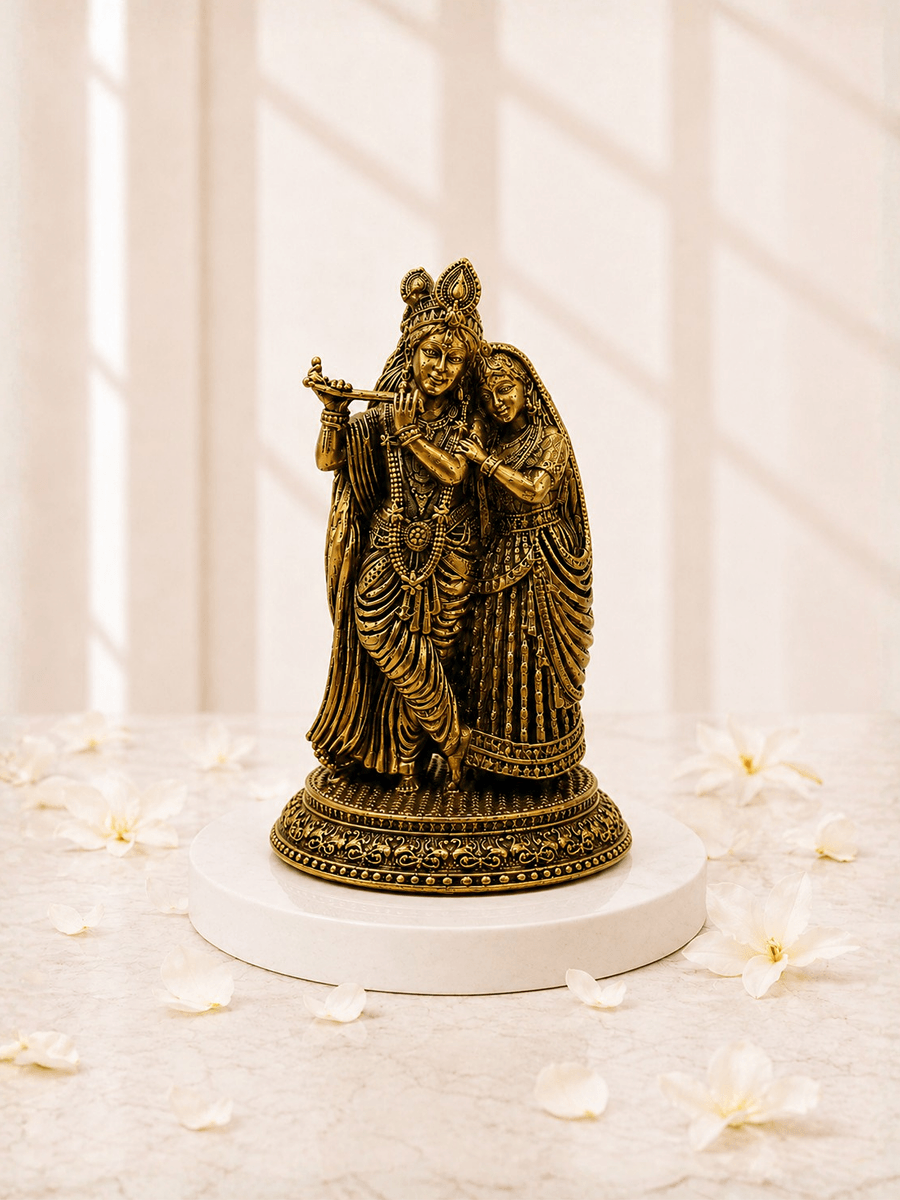 Pure Brass Radha Krishna Antique Gold Finish Idol