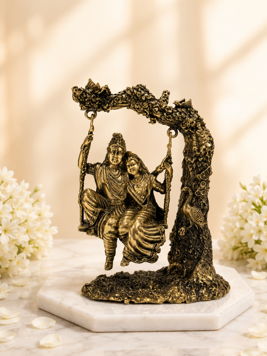 Pure Brass Radha Krishna Jhula Antique Finish Showpiece for Home Decor