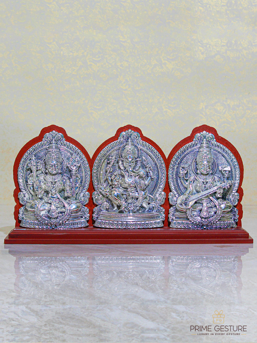 Pure Silver Plated Laxmi Ganesh Saraswati Statue