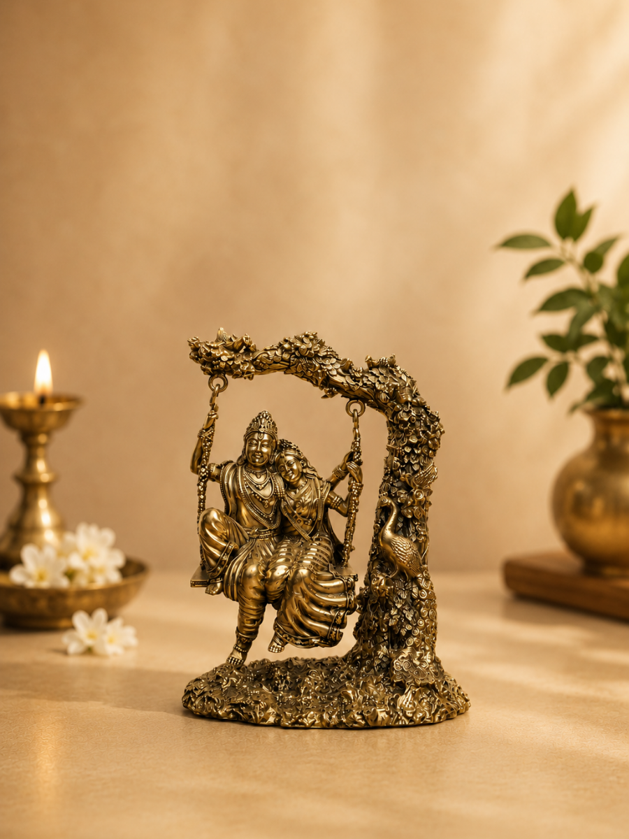 Pure Brass Radha Krishna Jhula Antique Finish Showpiece for Home Decor