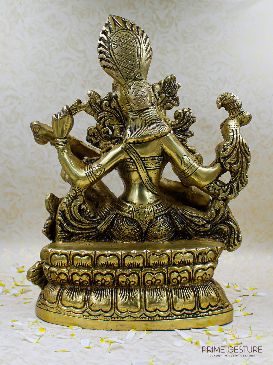 Brass Goddess Saraswati Statue Seated on Pedestal
