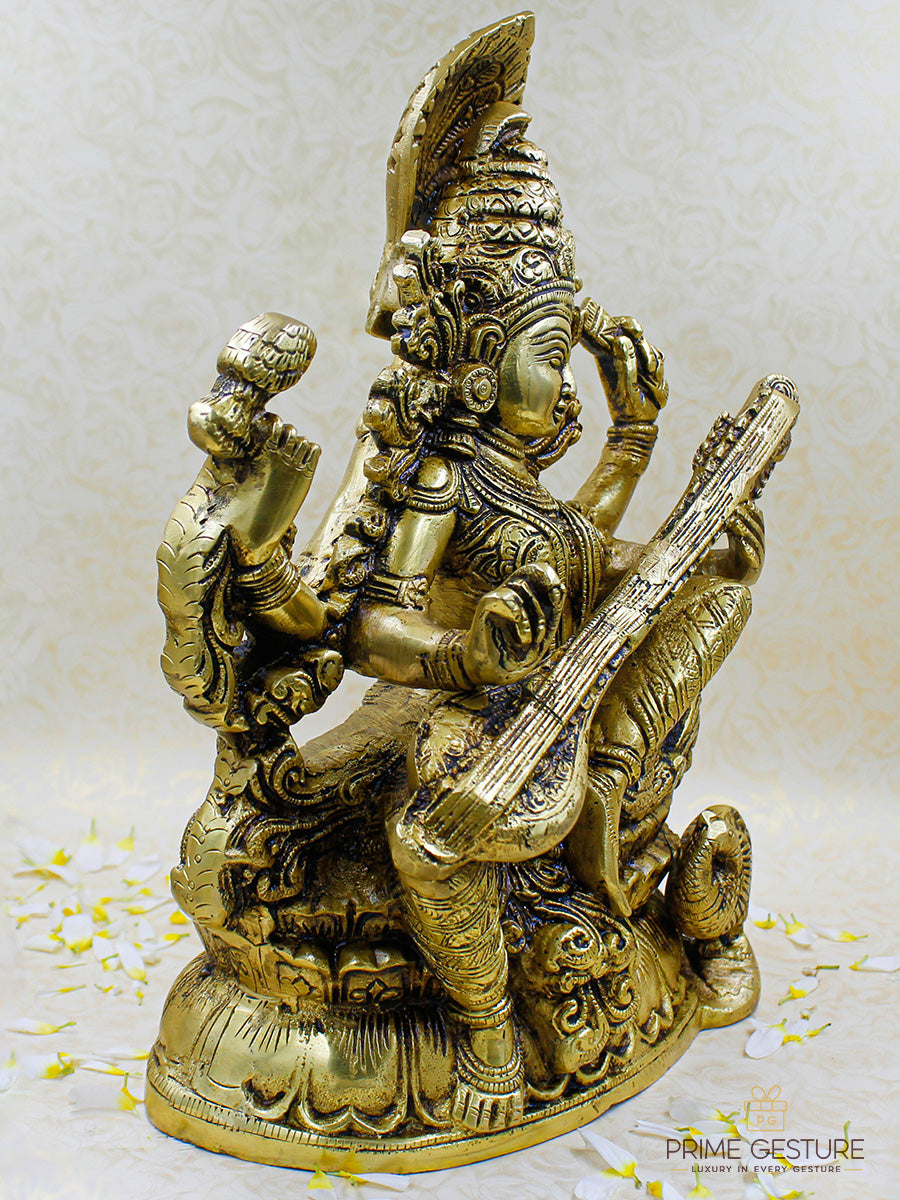 Brass Goddess Saraswati Statue Seated on Pedestal