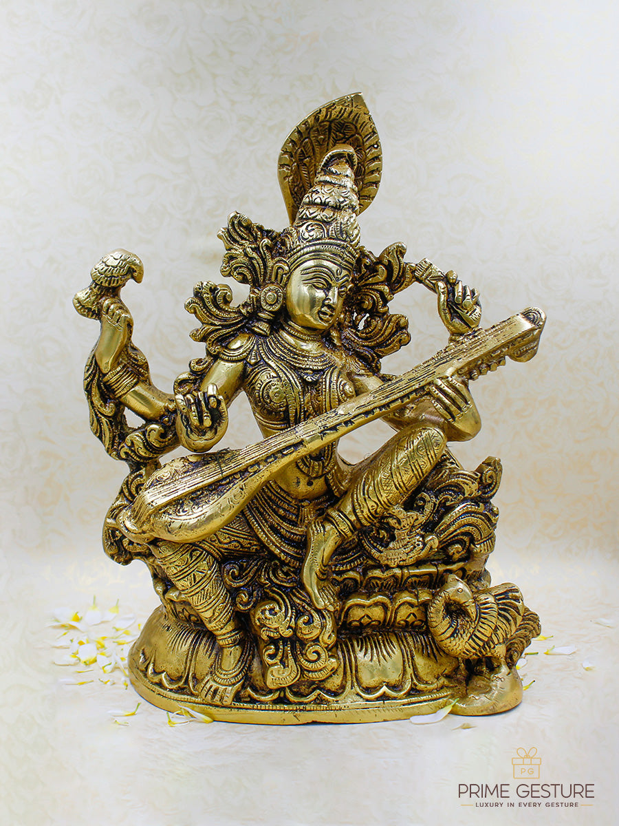 Brass Goddess Saraswati Statue Seated on Pedestal
