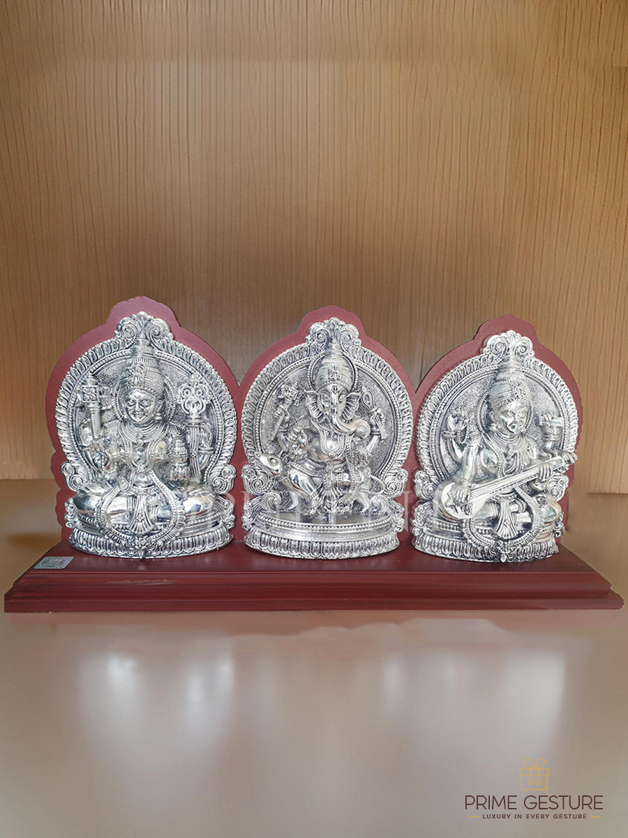 Silver Plated Laxmi Ganesh Saraswati Idol