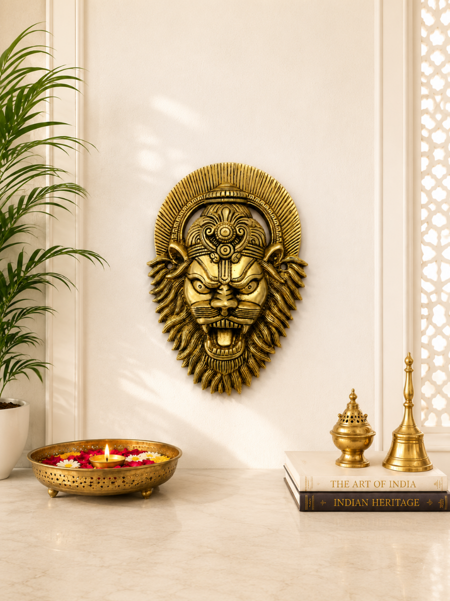 Simha Raksha Brass Lion Face Wall Hanging for Home Entrance