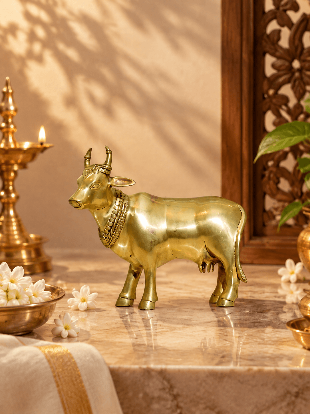 Standing Brass Cow Statue — Gau Mata Figurine for Home Decor & Pooja Room