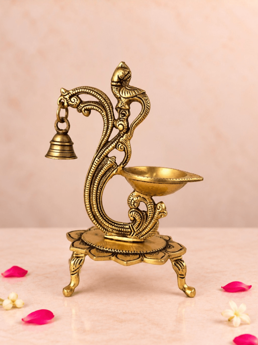Brass Chowki Bell Diya — Oil Lamp with Hanging Bells on a Stand for Pooja