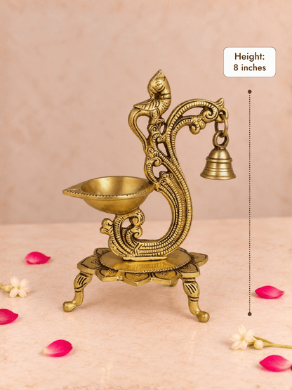 Brass Chowki Bell Diya — Oil Lamp with Hanging Bells on a Stand for Pooja