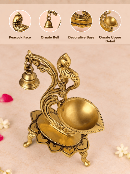 Brass Chowki Bell Diya — Oil Lamp with Hanging Bells on a Stand for Pooja