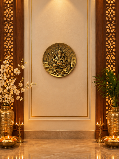 Brass Ganesh Round Wall Plate — Handcrafted Ganesha Wall Hanging for Home & Entrance