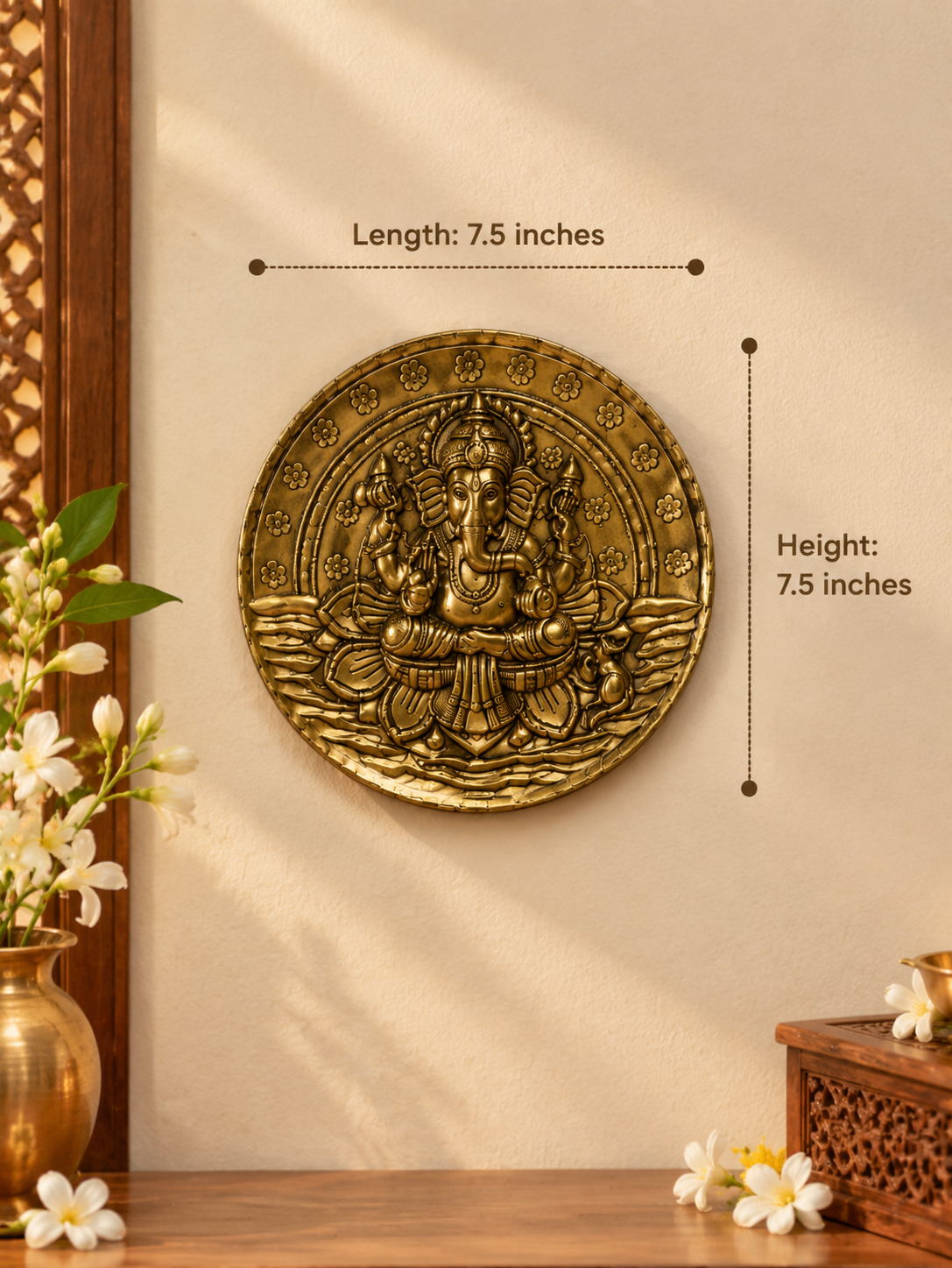 Brass Ganesh Round Wall Plate — Handcrafted Ganesha Wall Hanging for Home & Entrance