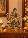 Brass Goddess Saraswati Idol — Seated Saraswati Statue with Veena for the Study Room
