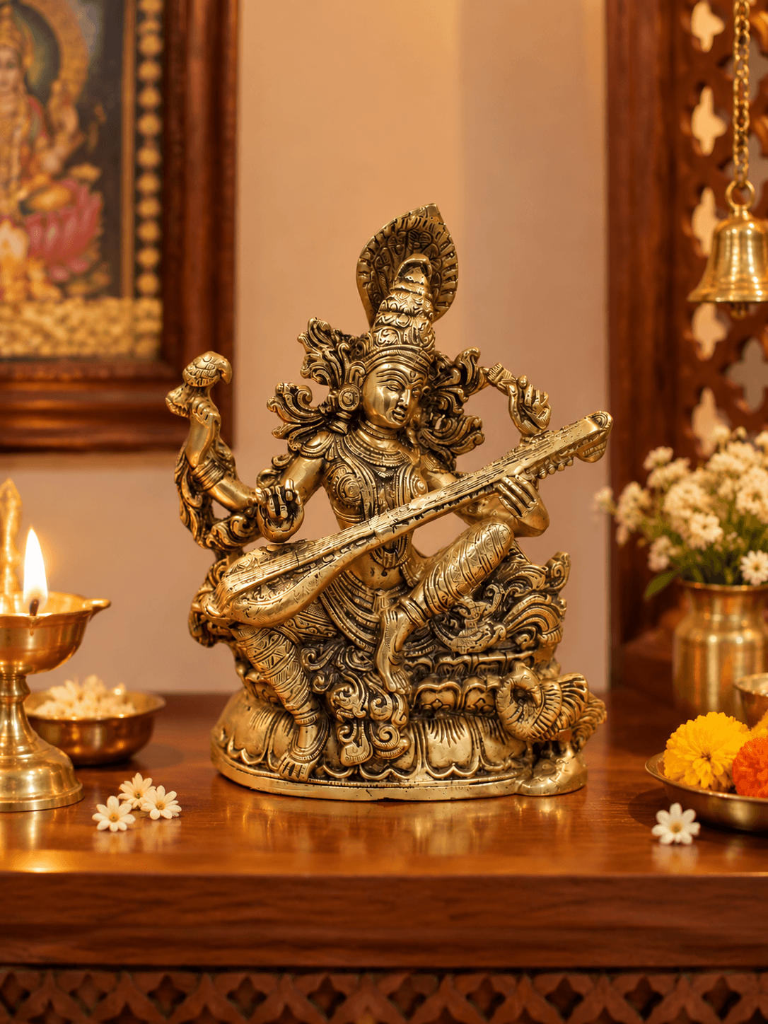 Brass Goddess Saraswati Idol — Seated Saraswati Statue with Veena for the Study Room