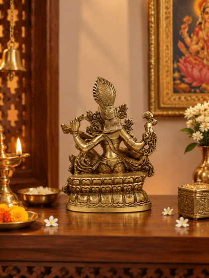 Brass Goddess Saraswati Idol — Seated Saraswati Statue with Veena for the Study Room