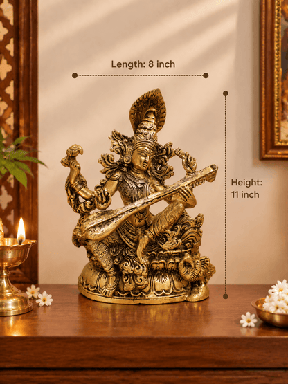 Brass Goddess Saraswati Idol — Seated Saraswati Statue with Veena for the Study Room