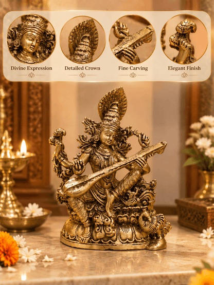 Brass Goddess Saraswati Idol — Seated Saraswati Statue with Veena for the Study Room