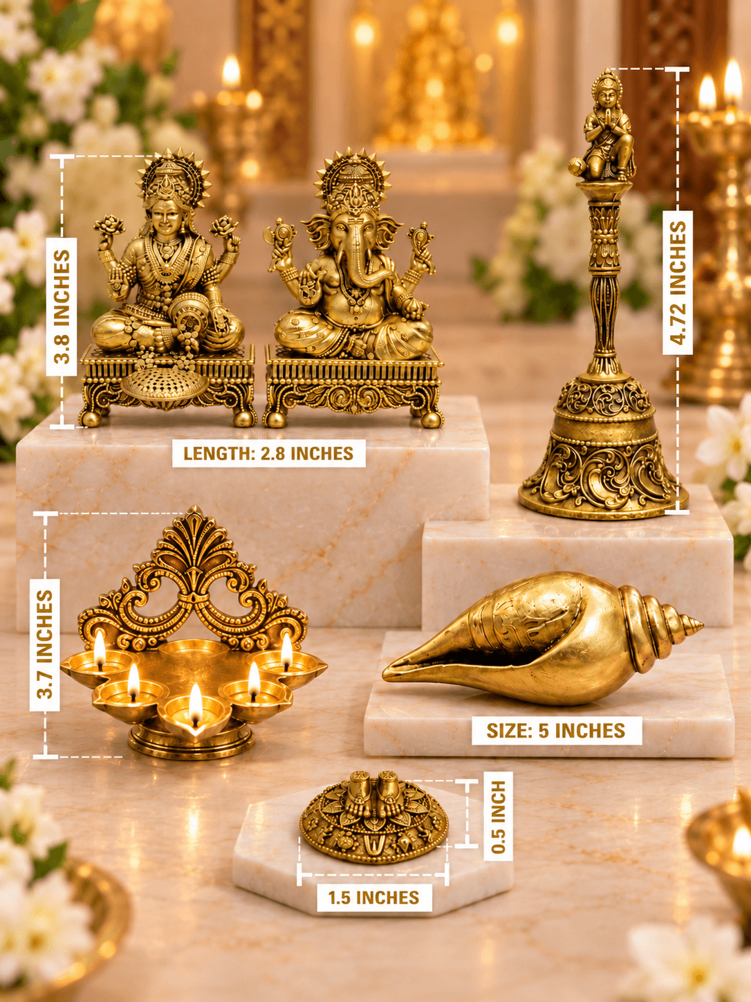 Brass Laxmi Ganesh Complete Pooja Set — Idol, Shankh, Bell, Charan Paduka & Panch Aarti Diya