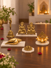 Brass Laxmi Ganesh Complete Pooja Set — Idol, Shankh, Bell, Charan Paduka & Panch Aarti Diya