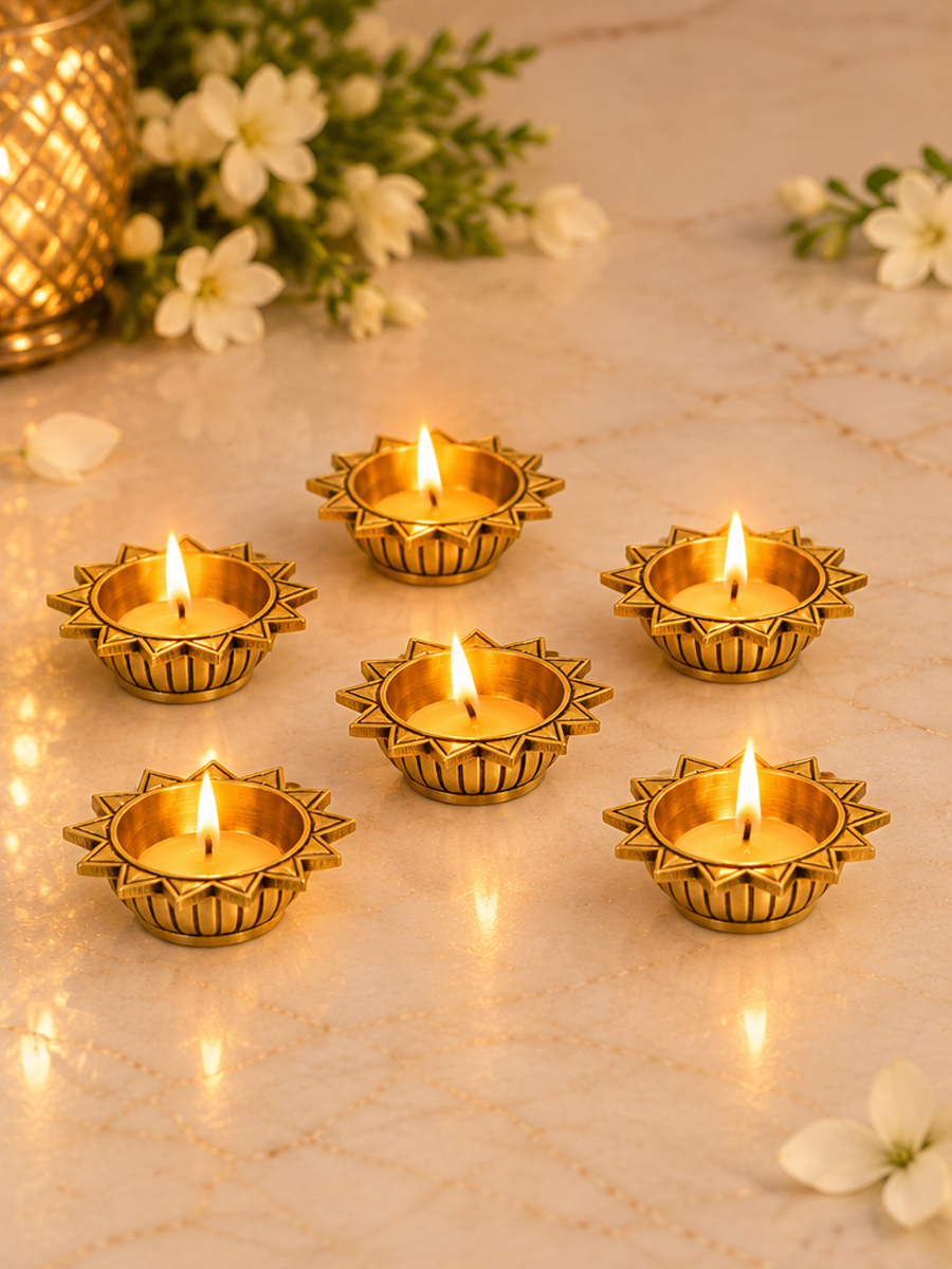 Brass Sun Diya — Set of 6 Star-Shaped Surya Diyas for Pooja & Diwali