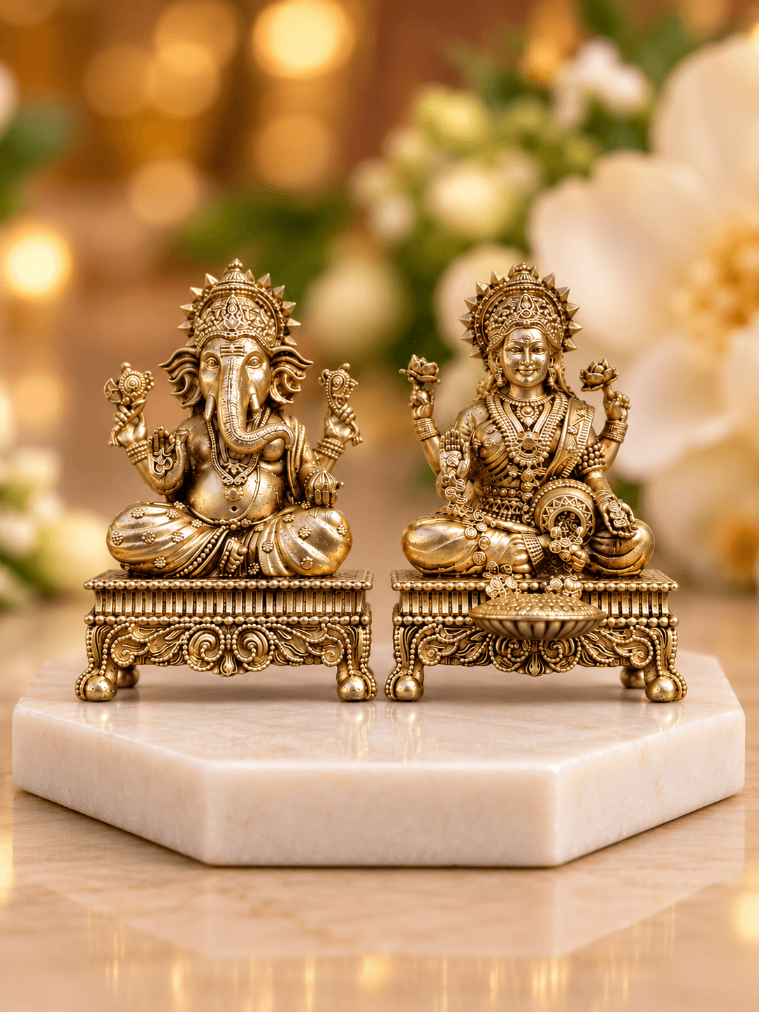 Brass Laxmi Ganesh Idol Set on Chowki Base — Seated Pair for Home Temple