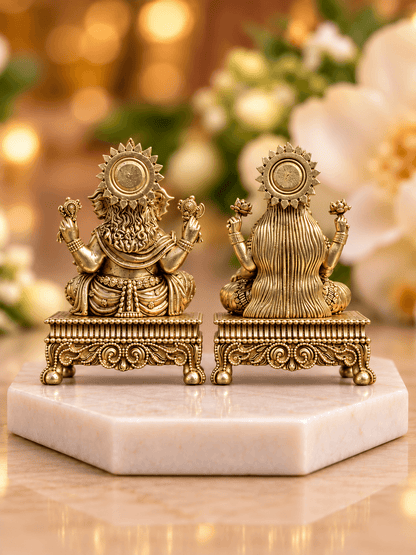 Brass Laxmi Ganesh Idol Set on Chowki Base — Seated Pair for Home Temple