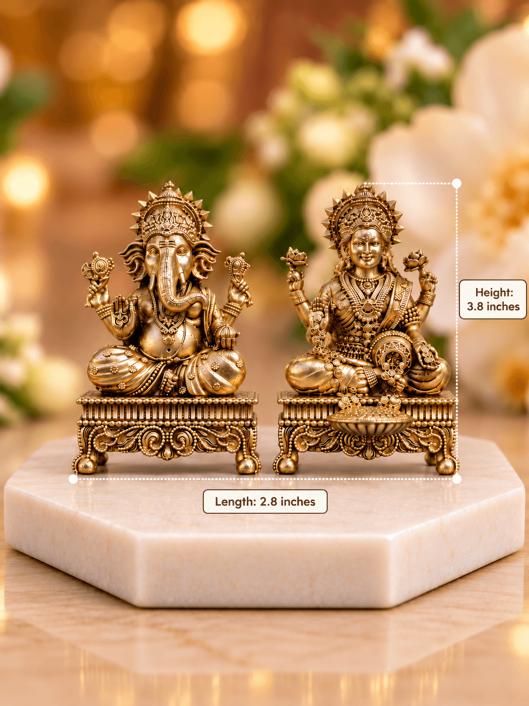 Brass Laxmi Ganesh Idol Set on Chowki Base — Seated Pair for Home Temple