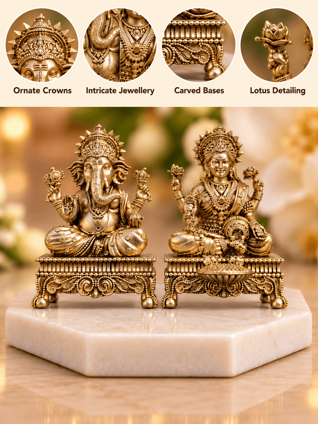 Brass Laxmi Ganesh Idol Set on Chowki Base — Seated Pair for Home Temple