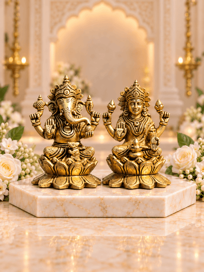 Brass Laxmi Ganesh Idol Set on Lotus Base — Seated Pair for Home Temple