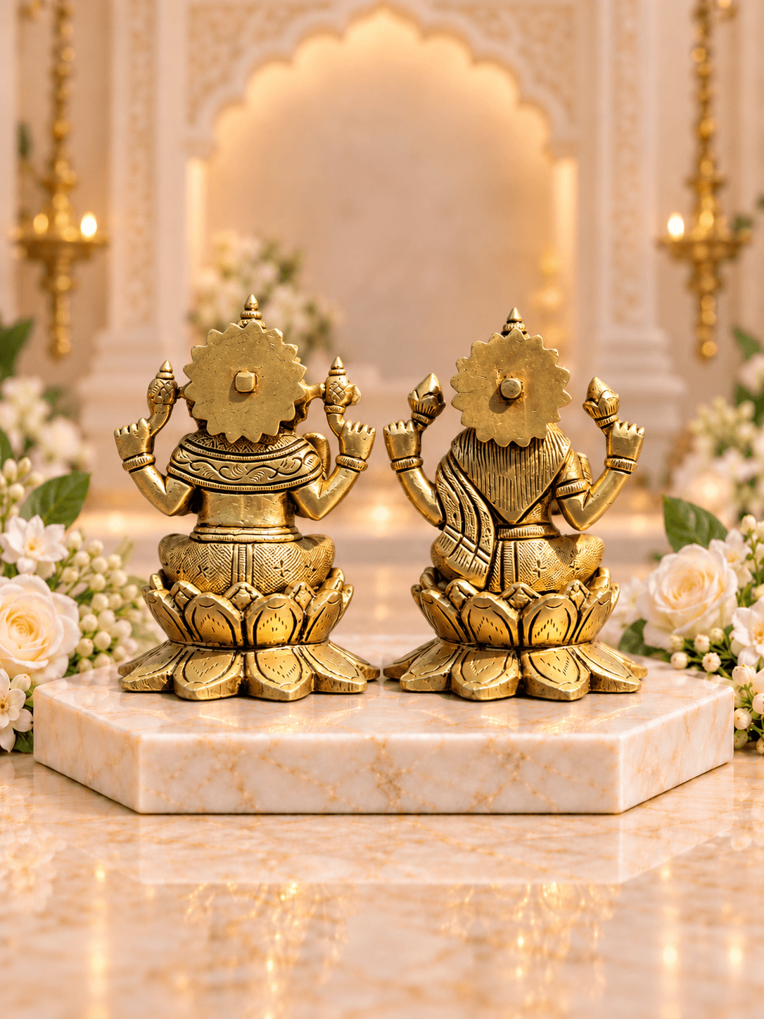Brass Laxmi Ganesh Idol Set on Lotus Base — Seated Pair for Home Temple