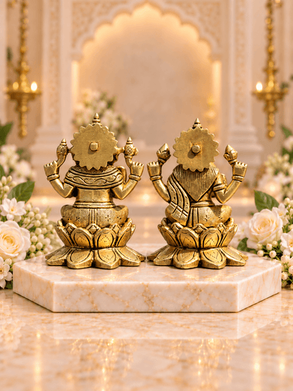 Brass Laxmi Ganesh Idol Set on Lotus Base — Seated Pair for Home Temple