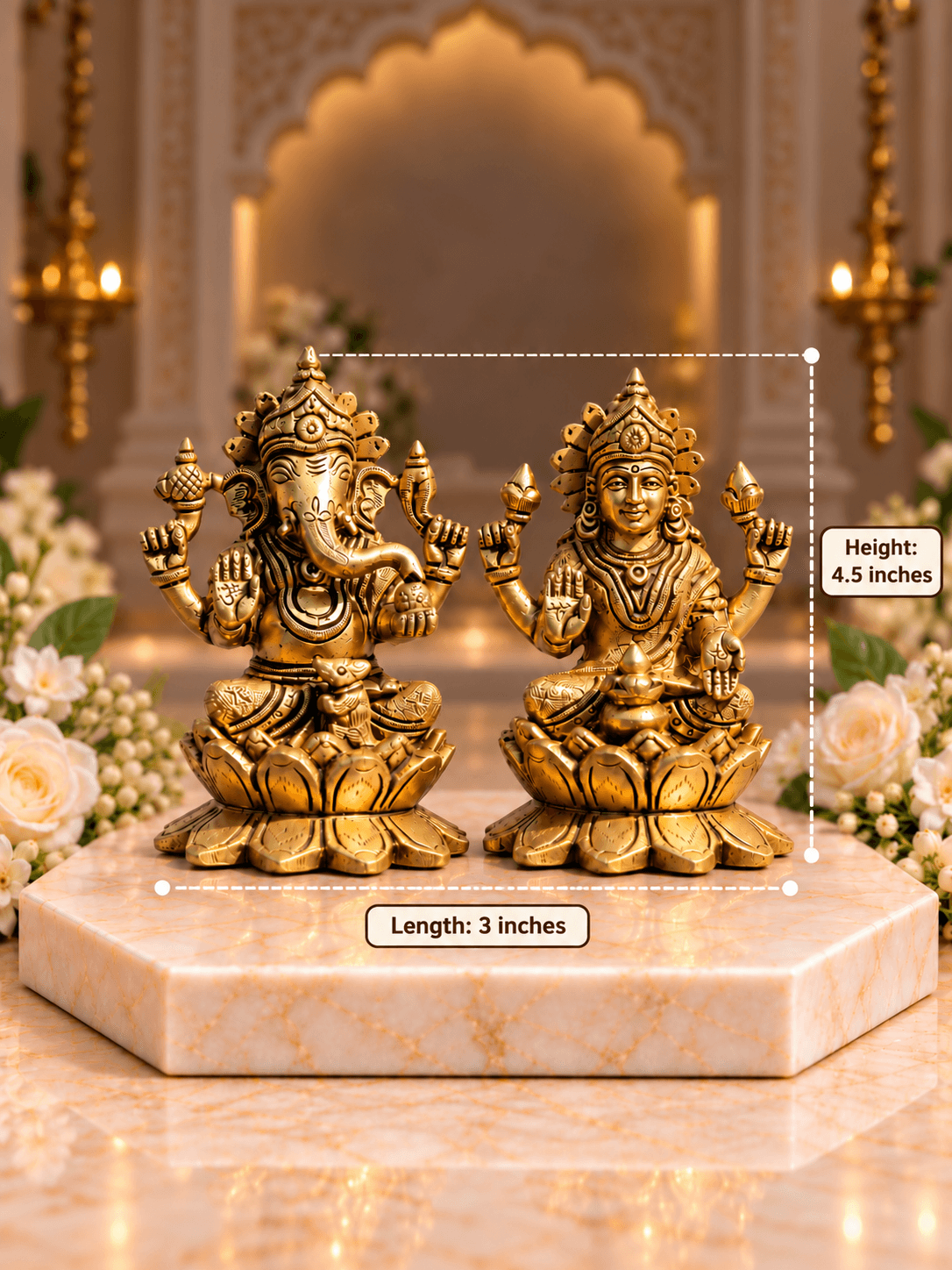 Brass Laxmi Ganesh Idol Set on Lotus Base — Seated Pair for Home Temple