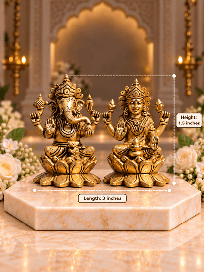 Brass Laxmi Ganesh Idol Set on Lotus Base — Seated Pair for Home Temple