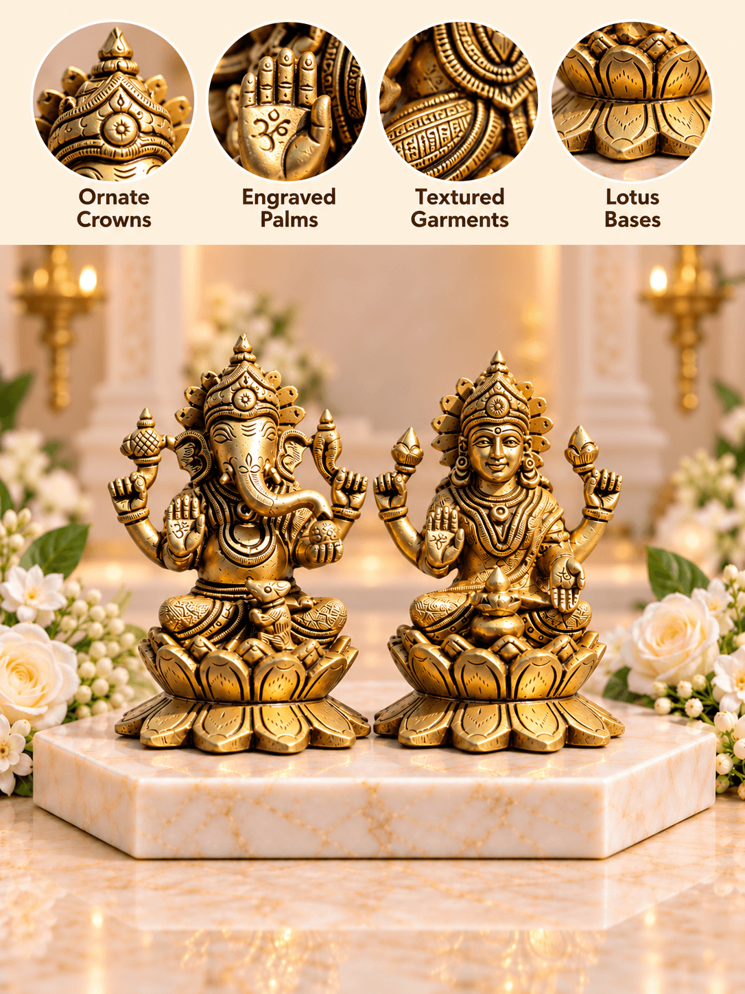 Brass Laxmi Ganesh Idol Set on Lotus Base — Seated Pair for Home Temple