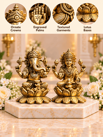Brass Laxmi Ganesh Idol Set on Lotus Base — Seated Pair for Home Temple