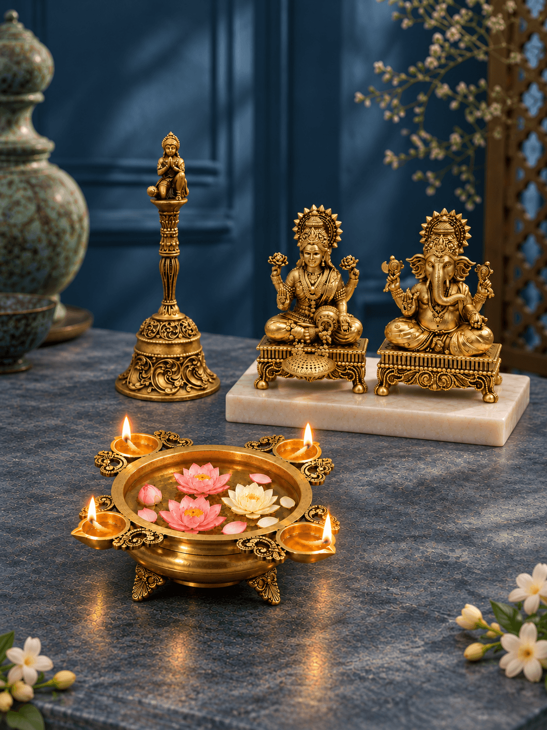 Brass Laxmi Ganesh, Urli Diya & Bell Combo — Pooja and Decor Set