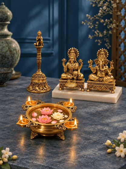 Brass Laxmi Ganesh, Urli Diya & Bell Combo — Pooja and Decor Set