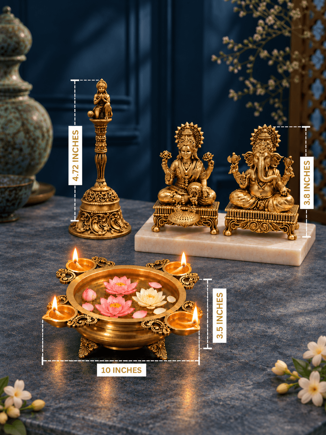 Brass Laxmi Ganesh, Urli Diya & Bell Combo — Pooja and Decor Set